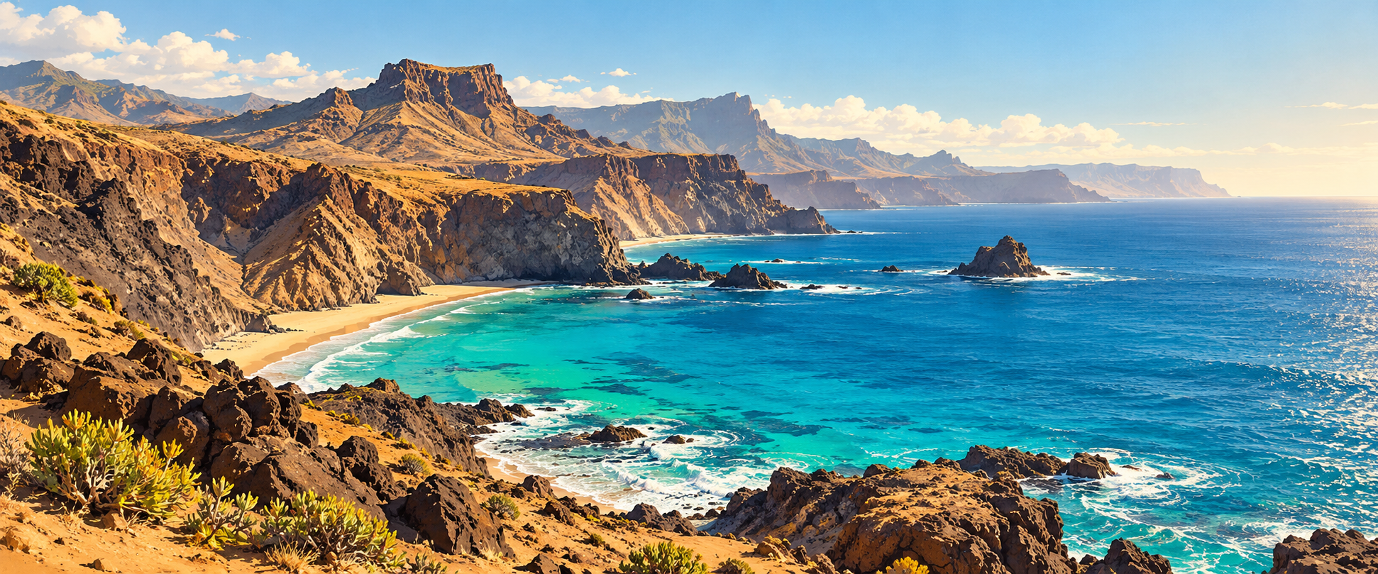 Ilustración de una costa volcánica de Gran Canaria junto al océano